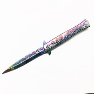Stiletto-Messer mit Titan-Rose-Gravur – Farbfinish-Design